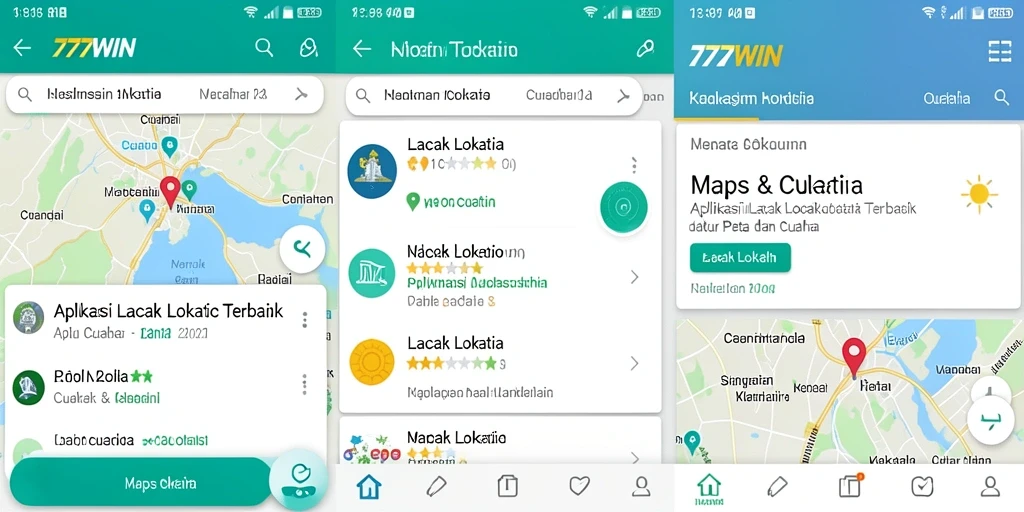 Antarmuka aplikasi 777WIN menampilkan lokasi secara real-time dengan fitur cuaca.