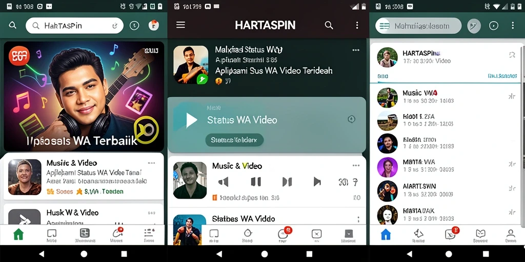 Antarmuka HARTASPIN menampilkan berbagai pilihan video musik untuk status.
